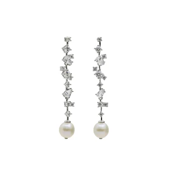 Firmas de moda Pendientes novia largos con circonitas y perla 19595-A